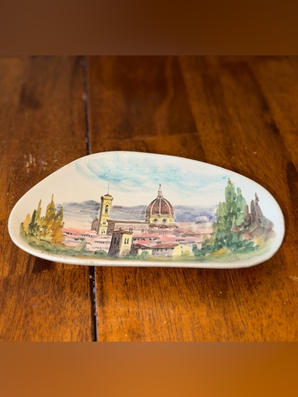 Hand-Painted Scenic Firenze Italy Ceramic Dish Plate Wall Unique Shape Duomo